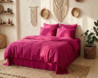 Juego de funda nórdica de algodón fucsia hecha a mano, ropa de cama estilo bohemio, edredón suave y natural.