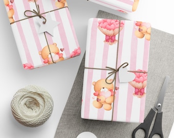Papel de embrulho para o Dia dos Namorados com ursinho de pelúcia - Folhas de embrulho românticas