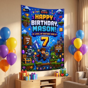 Pixel Gaming Birthday Banner | Personalized Gamer Party Banner | Custom Kids Birthday Decor | Pixel Style Birthday Backdrop