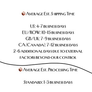 May include: White background with text detailing estimated shipping and processing times. Shipping times are listed for the US, EU/ROW, GB/UK, and CA (Canada). Processing time is listed as standard.