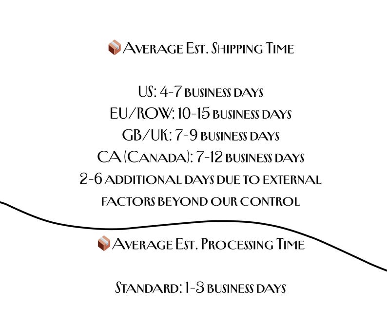 May include: White background with text detailing estimated shipping and processing times. Shipping times are listed for the US, EU/ROW, GB/UK, and CA (Canada). Processing time is listed as standard.