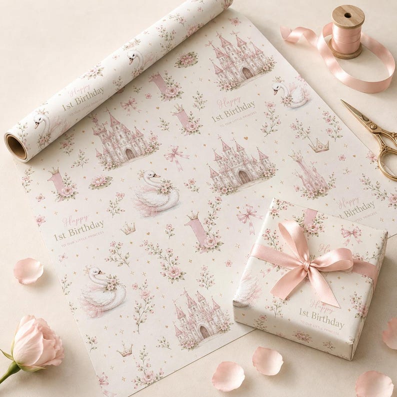 May include: A roll of cream-colored wrapping paper featuring a repeating pattern of pink castles, swans, crowns, and the number one, with the text Happy 1st Birthday. A gift box wrapped in the same paper with a pink ribbon sits next to the roll.