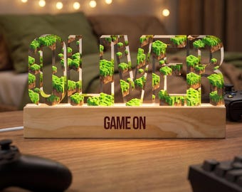 Lámpara LED personalizada con diseño de bloques de píxeles / Luz nocturna para juegos con nombre personalizado para la habitación de los niños