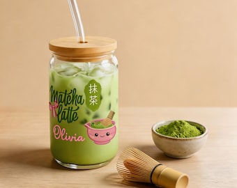 Personalized Matcha Latte Glass Cup with Bow, Tumbler with Lid & Straw