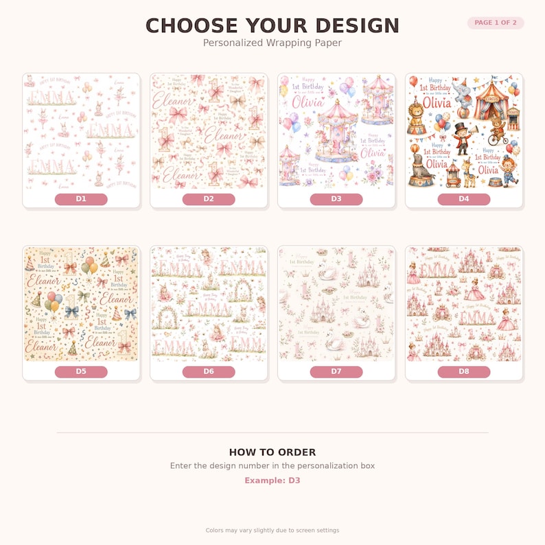 May include: A collection of eight personalized wrapping paper designs labeled D1 through D8, featuring various themes like ballerinas, carousels, circus animals, castles, and floral patterns with names like Emma, Eleanor, and Olivia printed on them.