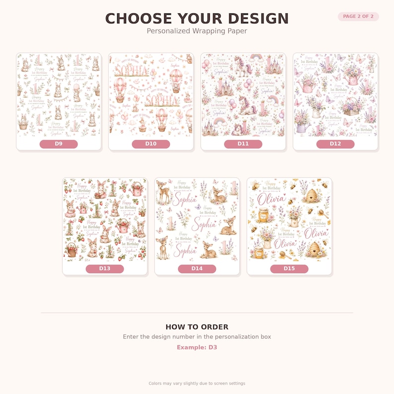 May include: A collection of seven personalized wrapping paper designs labeled D9 through D15, featuring illustrations of bunnies, hot air balloons, unicorns, castles, flowers, deer, and bees with text including names like Sophia and Olivia.