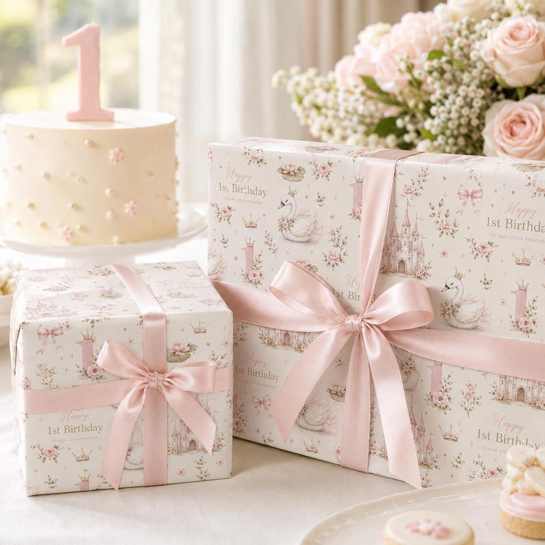 May include: Two rectangular gift boxes wrapped in cream paper with a pink swan, castle, and floral pattern, tied with satin pink ribbons. The boxes feature the text Happy 1st Birthday. A cream cake with a pink number one candle sits nearby.