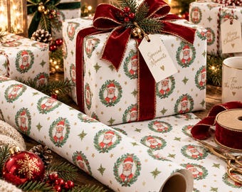 Op de afbeelding: Een witte rol inpakpapier en een vierkante geschenkdoos met een herhalend patroon van kerstmangezichten in groene kransen met gouden sterren. De doos is gestrikt met een dieprood fluwelen lint, een dennentakje en een label met de tekst Special Moments.