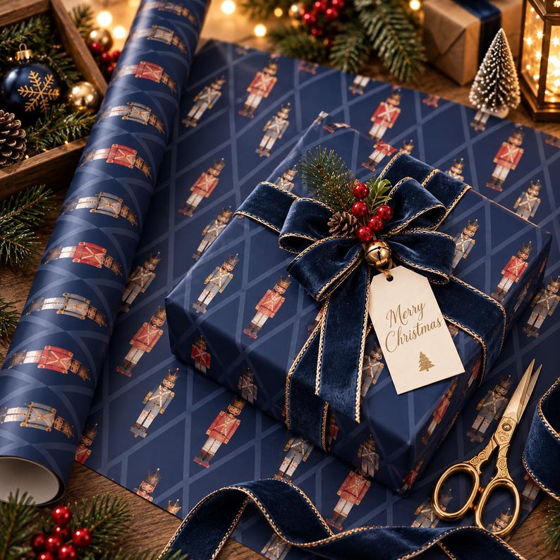 May include: A navy blue gift box wrapped in paper featuring a repeating nutcracker pattern, adorned with a dark blue velvet ribbon, a small pine sprig with red berries, and a cream-colored gift tag with the text Merry Christmas and a tree icon.