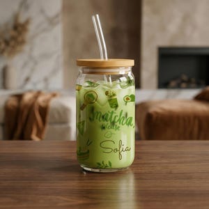 Personalized Matcha Latte Glass Cup, Bamboo Lid & Straw