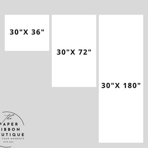 May include: Three white rectangular paper rolls of varying lengths displayed against a light gray background. The rolls are labeled with black text indicating dimensions of 30" x 36", 30" x 72", and 30" x 180". A logo for The Paper Ribbon Boutique is visible.