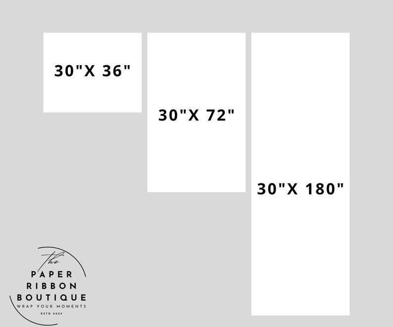May include: Three white rectangular paper rolls of varying lengths displayed against a light gray background. The rolls are labeled with black text indicating dimensions of 30" x 36", 30" x 72", and 30" x 180". A logo for The Paper Ribbon Boutique is visible.