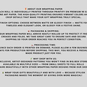 May include: A light gray informational graphic featuring black text about wrapping paper. The text details include: ABOUT OUR WRAPPING PAPER, 90 GSM fine art paper, matte or glossy finish options, packaging, shipping, processing time, and shop details.
