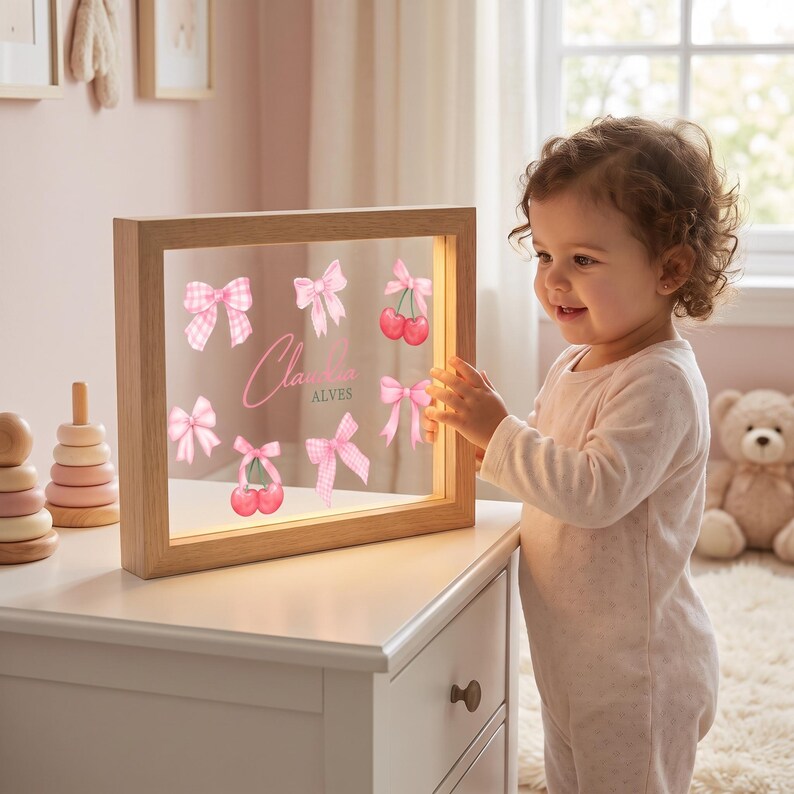 Pode incluir: Uma moldura de madeira quadrada iluminada com um painel de acr&iacute;lico transparente decorado com la&ccedil;os cor-de-rosa, ilustra&ccedil;&otilde;es de cerejas e o nome Claudia Alves em letra cursiva rosa. A moldura tem acabamento em madeira clara e luz LED.