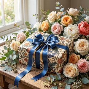 Op de afbeelding: Een rechthoekige geschenkdoos verpakt in crèmekleurig papier met een botanisch patroon van granaatappels en bladeren, gestrikt met een donkerblauw satijnen lint, omringd door een weelderig arrangement van perzik-, roze en witte tuinrozen.