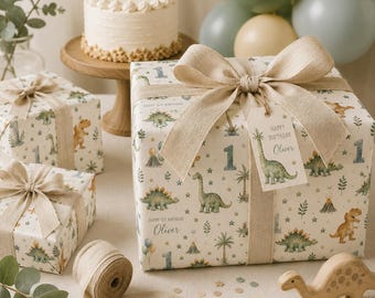 Personalized Dinosaur Wrapping Paper, Custom 1st Birthday Gift Wrap, Safari Birthday Wrapping Paper, First Birthday Gift Wrap Boy