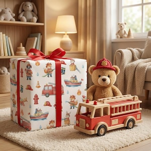 Fire Truck Firefighter Wrapping Paper, Kids Birthday Gift Wrap