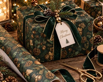 May include: A gift box wrapped in dark green paper with a pinecone and acorn pattern, tied with a dark green velvet ribbon. A tag reads Merry Christmas with a tree icon. A roll of matching paper and gold scissors are placed nearby.