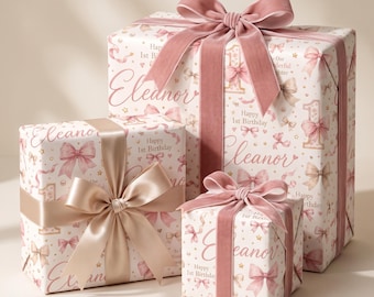 Personalized Pink Bow Wrapping Paper, First Birthday Gift Wrap, Custom Name Paper for Daughter, Coquette Birthday Wrap