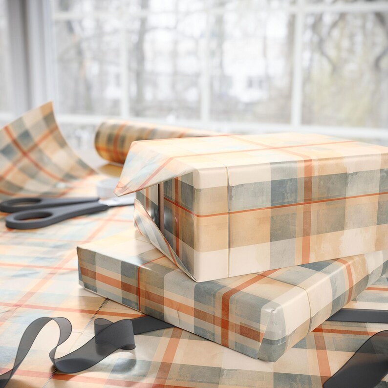 Orange and Blue Checkered Gift Wrap, 90 GSM Fine Art Paper image 2