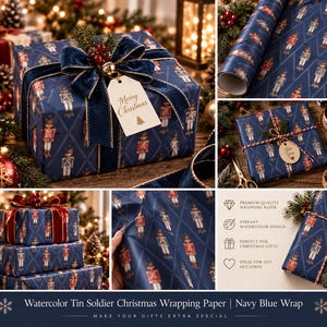 May include: Navy blue wrapping paper featuring a repeating pattern of watercolor nutcracker soldiers in red and white uniforms. The paper is shown on gift boxes with velvet ribbons, gift tags, and a roll, with text reading Merry Christmas.