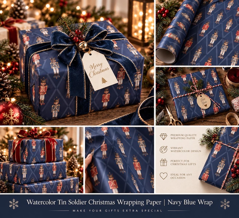 May include: Navy blue wrapping paper featuring a repeating pattern of watercolor nutcracker soldiers in red and white uniforms. The paper is shown on gift boxes with velvet ribbons, gift tags, and a roll, with text reading Merry Christmas.