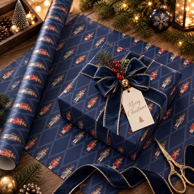 May include: A square gift box wrapped in dark blue paper with a repeating nutcracker pattern, tied with a navy velvet ribbon, a gold bell, red berries, and a beige gift tag with the text Merry Christmas and a small pine tree icon.
