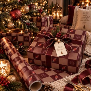 May include: A square gift box wrapped in brown and burgundy checkered paper featuring nutcracker and snowflake patterns. The box is tied with a burgundy ribbon, topped with a sprig of holly, and includes a tag that reads Merry Christmas.