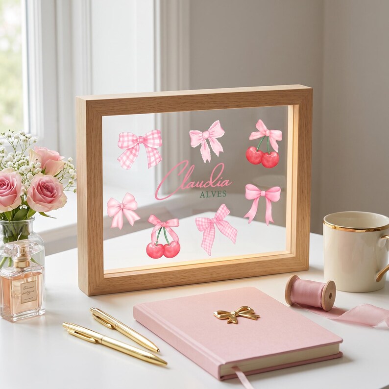 Pode incluir: Uma moldura retangular de madeira com um painel de vidro transparente apresentando ilustra&ccedil;&otilde;es de la&ccedil;os cor-de-rosa, gr&aacute;ficos de cerejas vermelhas e o texto Claudia Alves. A moldura &eacute; exibida ao lado de um caderno rosa com um la&ccedil;o dourado, duas canetas douradas e um carretel de fita rosa.