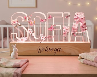 Lámpara de noche Sakura personalizada, lámpara de flor de cerezo, luz LED con nombre personalizado, decoración para habitación de niña, regalo para bebé niña