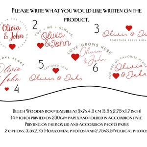 May include: A white background with seven design options featuring the names "Olivia & John" in elegant script, each accompanied by a red heart. Text at the bottom describes the product's features.