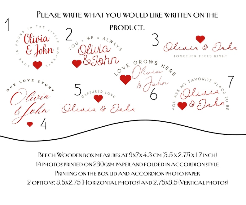 May include: A white background with seven design options featuring the names "Olivia & John" in elegant script, each accompanied by a red heart. Text at the bottom describes the product's features.