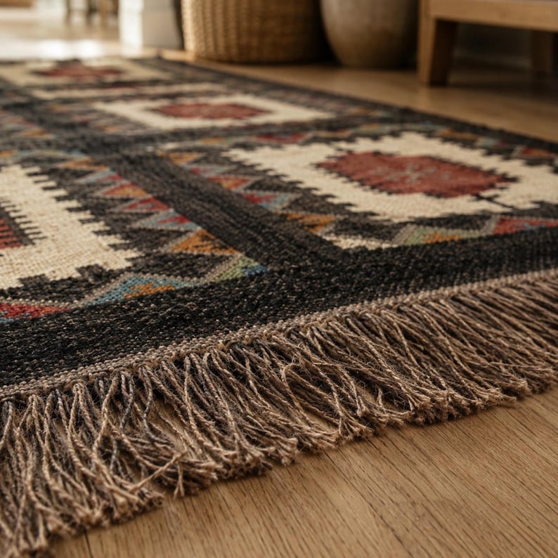 Handwoven black geometric area rug with tribal medallion pattern in rust red and ivory, flatweave wool jute, made in Jaipur India