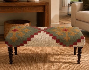 Kilim Upholstered Bench: Boho Farmhouse Entryway Ottoman, Handmade Wool Jute Bedroom Seat