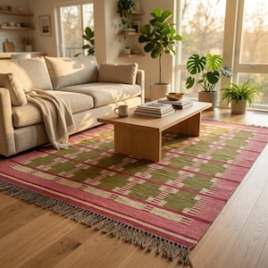 Olive Green Boho Kilim Rug, Handmade Wool Jute Flatweave Rug, Geometric Dhurrie Area Rug for Living Room Bedroom