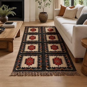 Black and rust red tribal medallion rug handwoven in wool jute blend, vintage boho style flatweave carpet for living room bedroom entryway
