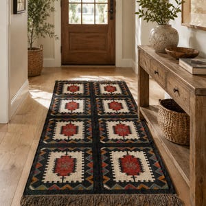 Black southwestern rug with bold geometric medallion design in rust red ivory and teal, handwoven wool jute flatweave, custom size available