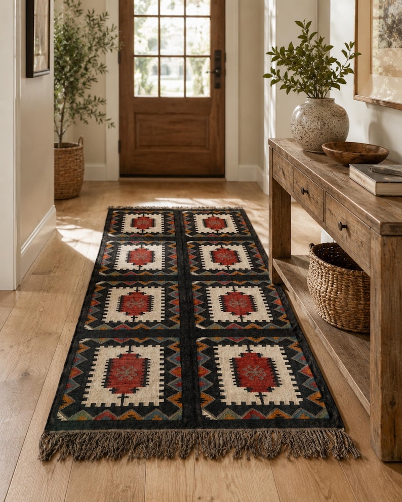 Black southwestern rug with bold geometric medallion design in rust red ivory and teal, handwoven wool jute flatweave, custom size available