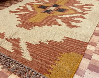 Handwoven Kilim Rug, Terracotta Mustard Geometric Flatweave, Rustic Boho Area Rug
