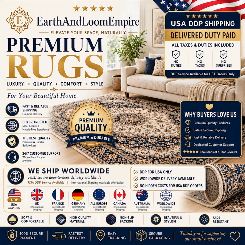 May include: A rectangular area rug featuring a dark blue border with intricate cream and gold floral patterns, centered on a cream field with a matching ornate medallion. The rug has a visible non-slip backing and a dense, woven pile texture.