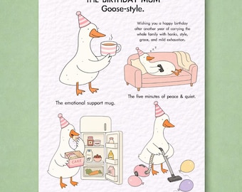 Funny Mum Birthday Card, Cute Goose Card for Mum, Pastel Birthday Card, Tea & Cake Mum Life Card, Funny Mother Birthday Gift