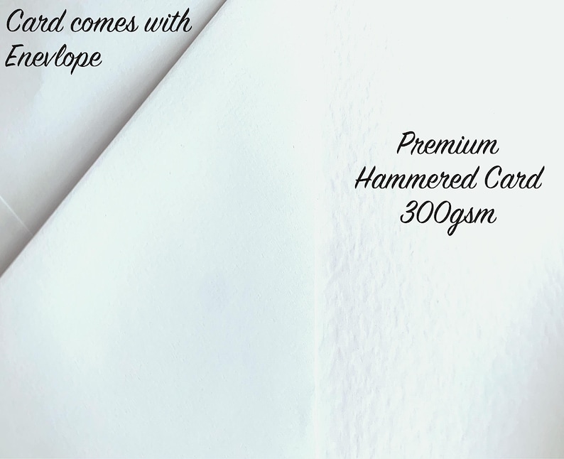 May include: A white card with a textured surface, accompanied by an envelope. The card is labeled "Premium Hammered Card 300gsm" and the text "Card comes with Envelope" is also visible.