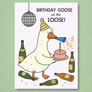 May include: A birthday greeting card featuring a cartoon goose wearing a party hat and holding a cake with a lit candle. The card has the text "BIRTHDAY GOOSE on the LOOSE!" and is surrounded by bottles.