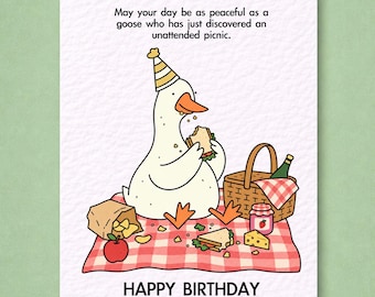 Goose Picnic Birthday Card, Unattended Picnic Humour, Cheerful Celebration, Quirky Bird Design, Food Lover Gift, Fun Cute Surprise