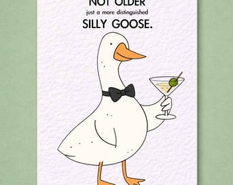 Funny Distinguished Goose Birthday Card: Goose Holding Martini Cocktail Drink, Silly Goose Greeting Card