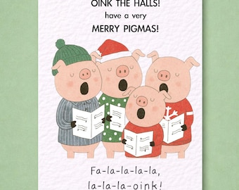 Pig Choir Christmas Card: Funny Pigs Christmas Carolling Greeting Card, Merry Christmas, Oink The Halls