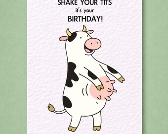 Cartão de Aniversário Engraçado com Vaca Balançando os Peitos: É o Seu Aniversário! Design Divertido