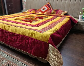 Handmade Pakistani Embroidered Quilt Set – Traditional Ethnic Bedding with Pillow Covers
