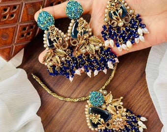 Turkish Kundan Choker Set: Gold-Plated Bridal Necklace & Earrings - Multi-Color Jewelry Bundle of 5