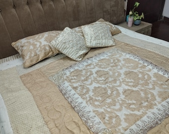 Handcrafted Embroidered King Quilt Set: Authentic Pakistani Bedding